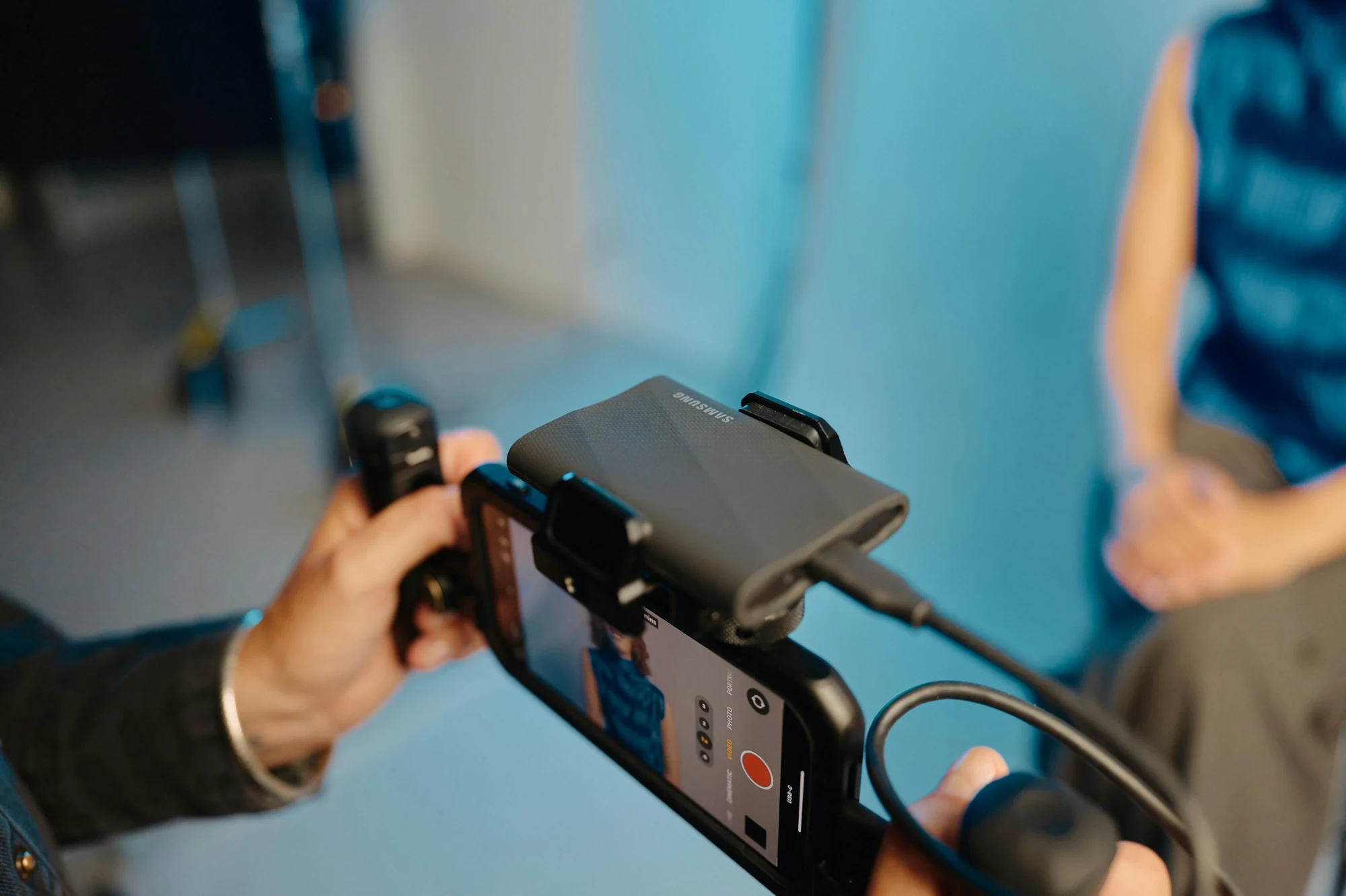 A camera rig set up for a content shoot