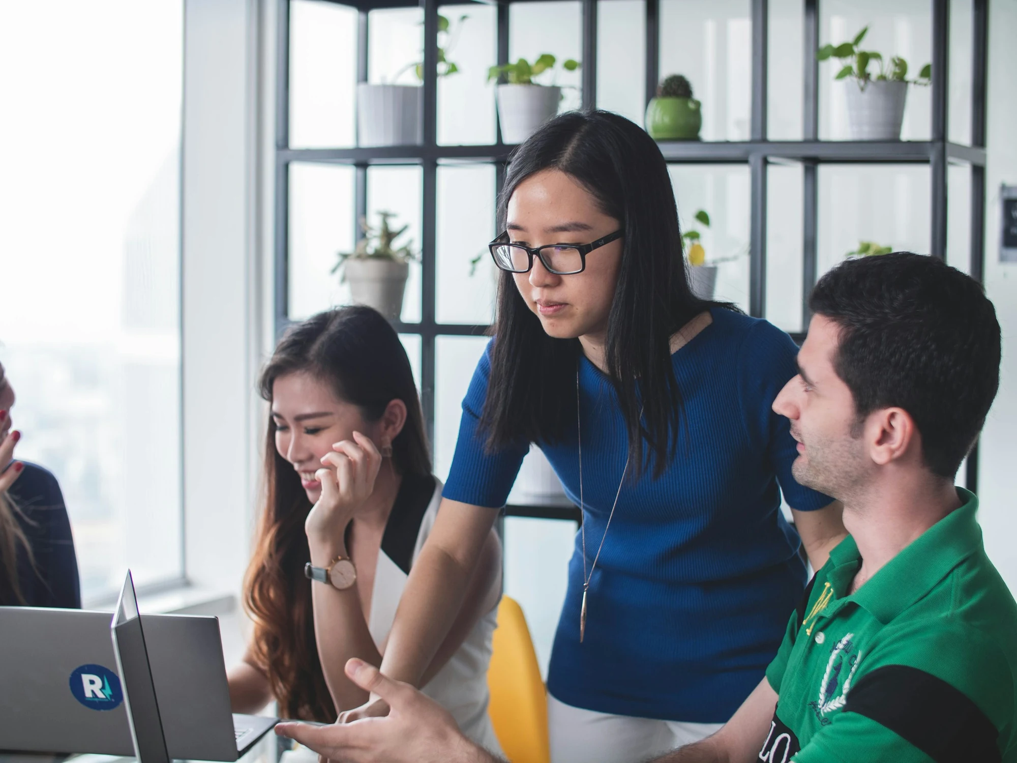 A team collaborating in a bright office